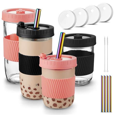 Buy Mfacoy 4 Pack X 2 Size Boba Cup 24oz And 16oz Bubble Tea Cup Smoothie Cups With Lids And