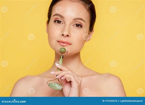 Beautiful Naked Woman Using Jade Roller Stock Photo Image Of Face