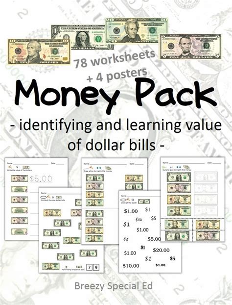Money Math Dollar Bills Identification And Value Worksheets For