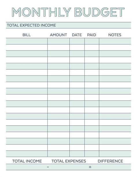 Printable Budget Worksheet Monthly Bill Template Calendar Design