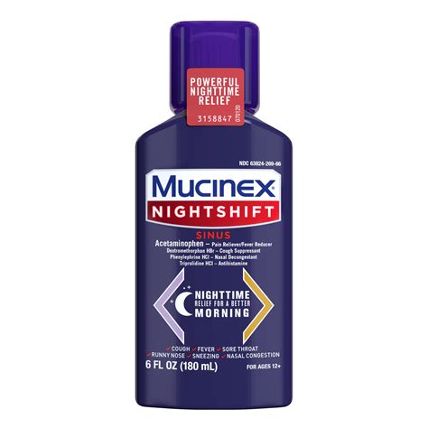 Mucinex Nightshift Sinus 6 Fl Oz Relieves Fever Sore Throat Runny Nose Sneezing Nasal