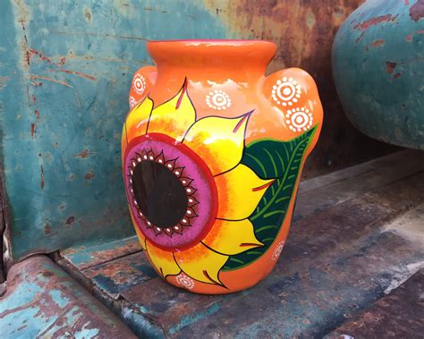 Mexican Pottery Vase With Sunflower Orange Decor Mexican Folk Art