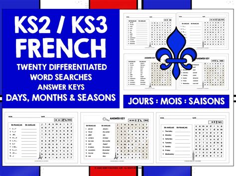 French Days Months Seasons Word Searches Teaching Resources