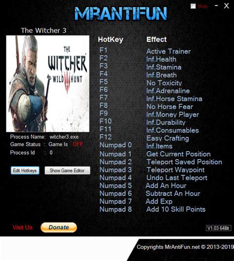 Wild hunt trainer has over 26 cheats and supports steam , gog , and origin. The Witcher 3: Wild Hunt - Trainer +24 v1.32 {MrAntiFun ...