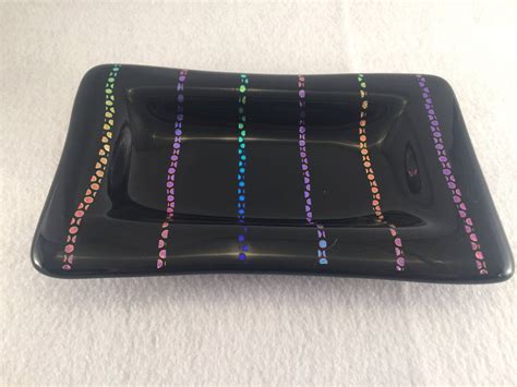 Black Fused Glass Plate With Patterned Dichroic Stripes Home