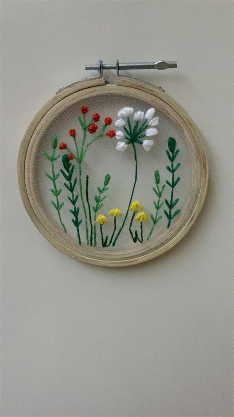 Floral Embroidery Hoop Art On Tulle Botanical Hand Embroidery