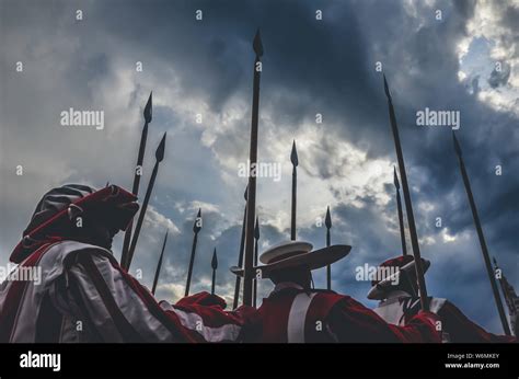Medieval Knights Warriors Holding Spear Ready For Battle Red And White