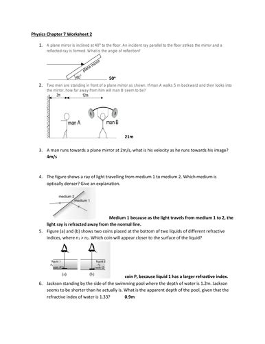 Light Mirrors Reflection Refraction And Refractive Index Worksheets
