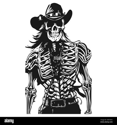 Cowboy Skull Tattoo Hand Drawn Vector Black And White Clip Art Stock