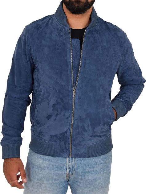 A1 Fashion Goods Mens Genuine Soft Goat Suede Bomber Jacket Blue Slim