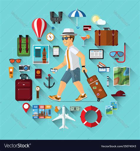 Smiling Cartoon Tourist With Set Of Travel Icons Vector Image