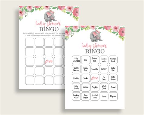 Pink Elephant Baby Shower Bingo Cards Printable Pink Grey Baby Shower