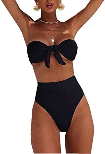Damen Bikini mit hoher Taille einfarbig Bandeau Badeanzüge mit Knoten