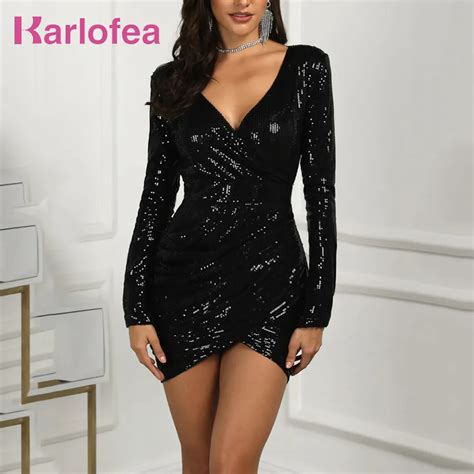Karlofea New Long Sleeve V Neck Cocktail Party Dress Sexy Wrap Sequin Birthday Party Wear Ladies