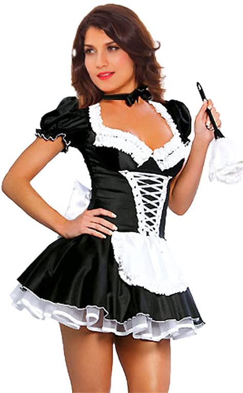 Jj Gogo Women S French Maid Costume Sexy Black Satin Halloween Fancy