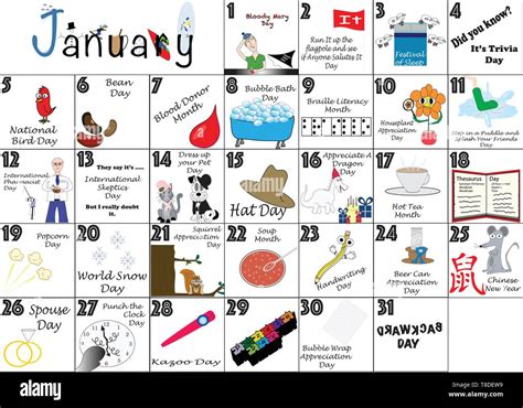 January 2020 Calendar Illustrated With Daily Quirky Holidays And