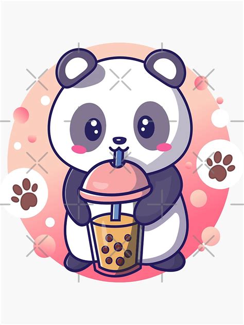 Pegatina Lindo Panda Boba Kawaii Bubble Tea Kawaii Panda Bebiendo Té