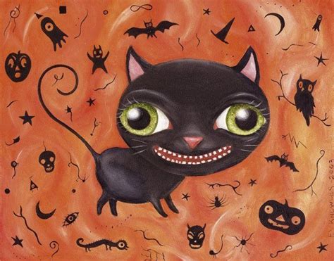 Halloween Black Cat Art Print Halloweenie Mat And Size Options