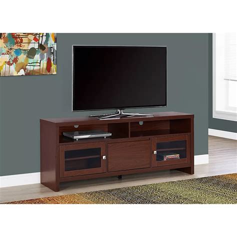 Monarch Specialties Tv Stand 60 Inch L Warm Cherry With Glass Doors