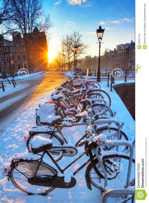 Amsterdam Snow Bicycles Stock Photo Image Of Cycling 30557176