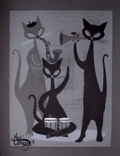 El Gato Gomez Painting Retro 1950s Jazz Cat Mid Century Modern Beatnik