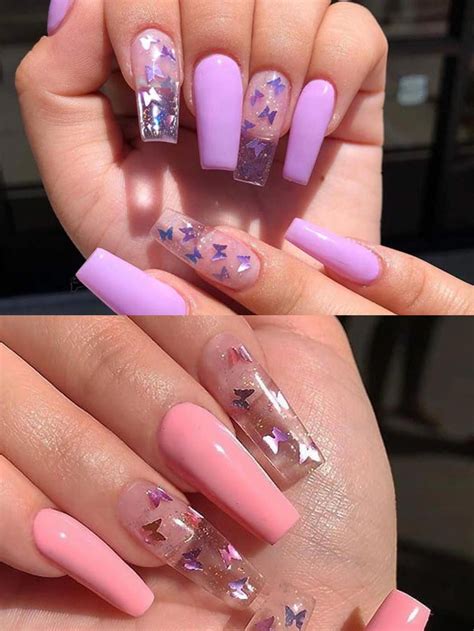 Purple Acrylic Nails With Butterflies Short ★french Nail Tips Design