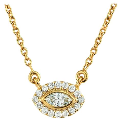 Diamond Halo Marquise East West Necklace 18 Karat Yellow Gold For Sale