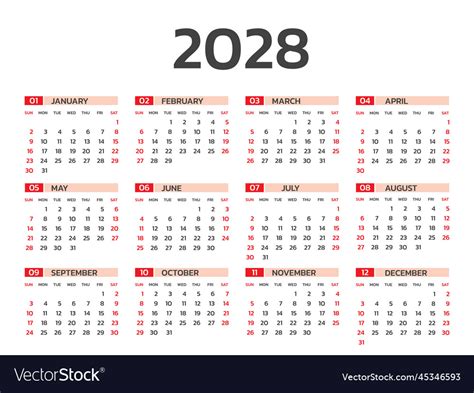 Calendar 2028 Year Royalty Free Vector Image Vectorstock
