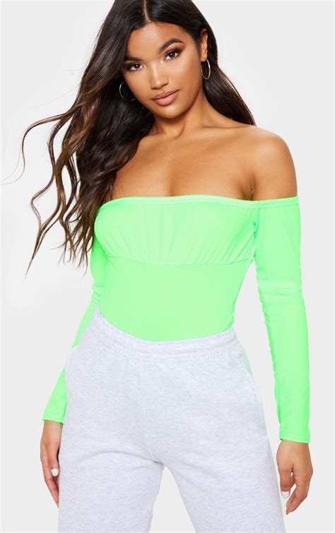 Neon Lime Bardot Long Sleeve Bodysuit Prettylittlething
