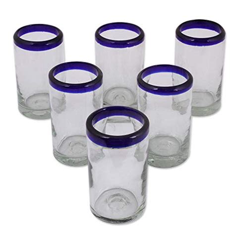 Novica Artisan Crafted Hand Blown Clear Blue Rim Recycled Glass Juice Glasses 8 Oz Cobalt