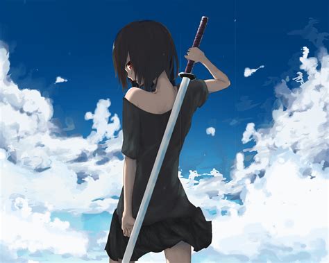 Blackhair Clouds Katana La Na Original Redeyes Skirt Sky Sword Weapon