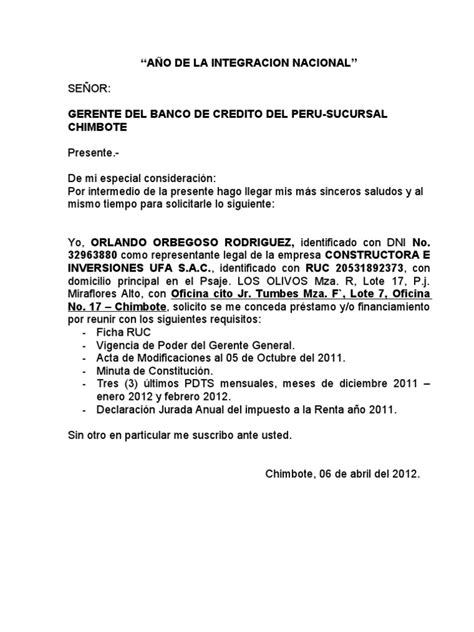 Carta Solicitud De Prestamo A Banco De Credito Del Peru Bcp