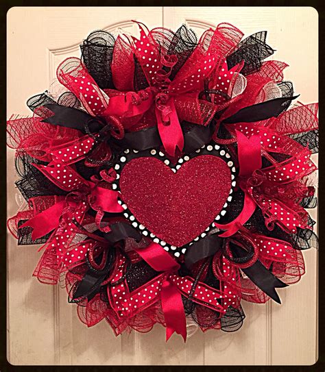 Elegant Valentines Day Heart Deco Mesh Wreathblack And Etsy
