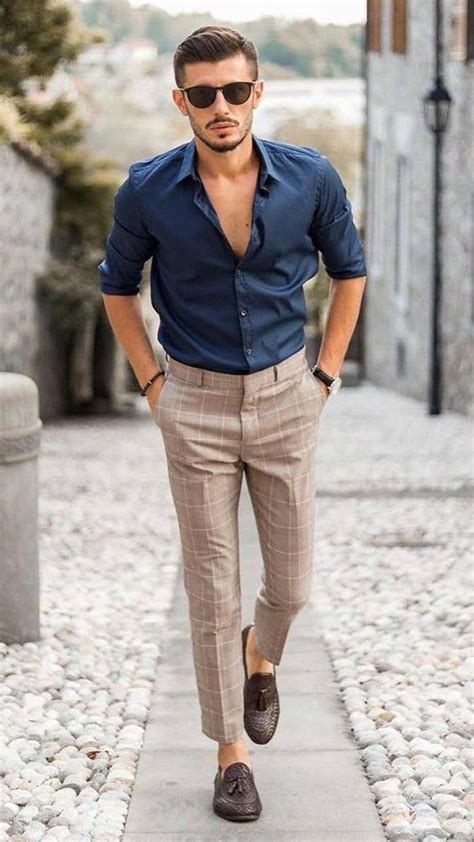 beige formal trouser plaid pants fashion trends with dark blue and navy shirt best formal