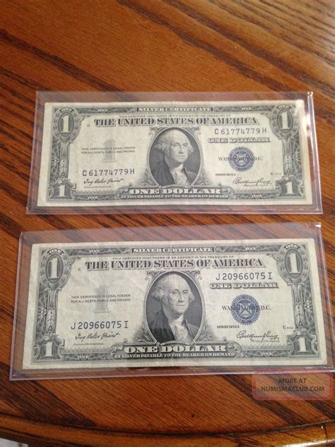 (2) - 1935 E Silver Certificate Blue Label Seal One Dollar Bill