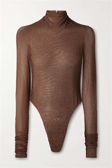 Laquan Smith Crystal Embellished Stretch Tulle Turtleneck Bodysuit