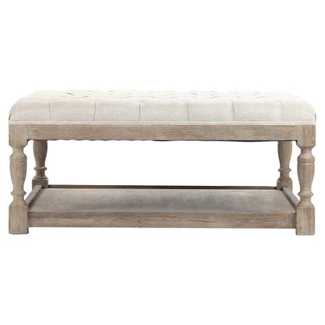 Square Tufted Linen Limed Grey Oak Coffee Table Ottoman Kathy Kuo Home