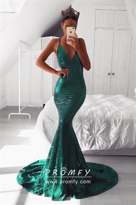 Green Sequin Long Body Hugging Mermaid Prom Dress Promfy