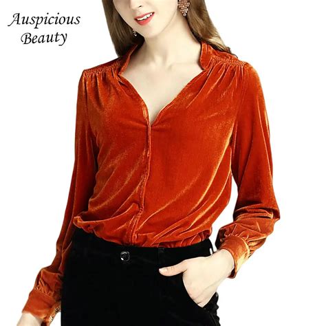 2018 Spring New Velour Shirt Womens V Neck Puff Sleeve Casual Blouses Female Casual Blouse