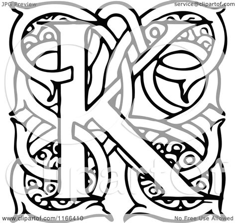 Clipart Of A Retro Vintage Black And White Letter K With Vines