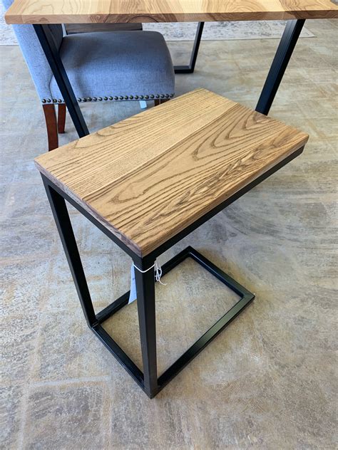 Solid Ash Wood And Black Metal C Table With Walnut Stain In Stock