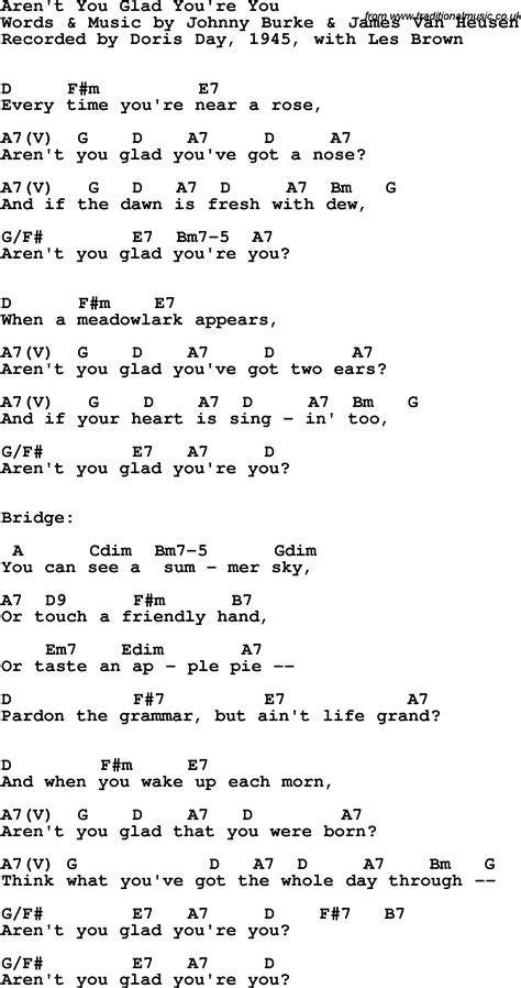 Song Lyrics With Guitar Chords For Arent You Glad Youre You Doris