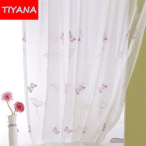 Pink Butterfly Window Sheer Curtains For Living Room Embroidered Voile