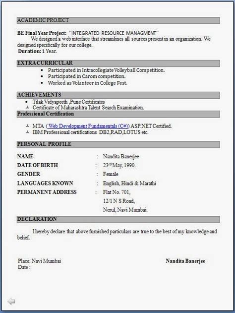Sample resume format for fresh graduates two page format. Fresher Resume Format
