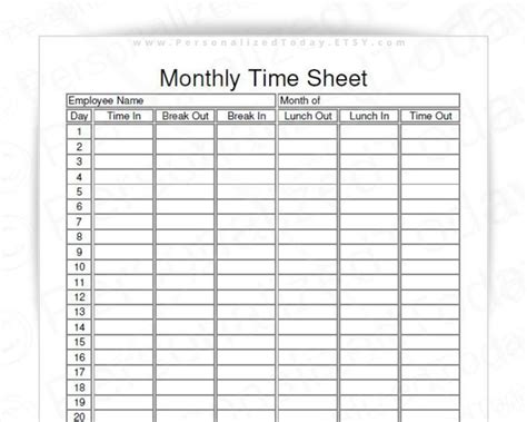 Monthly Employee Timesheet Fillable And Printable Pdf Digital Etsy