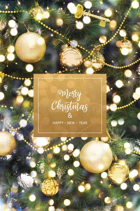 Merry Christmas And Happy New Year Typo Glitter Text On Green Pine Tree