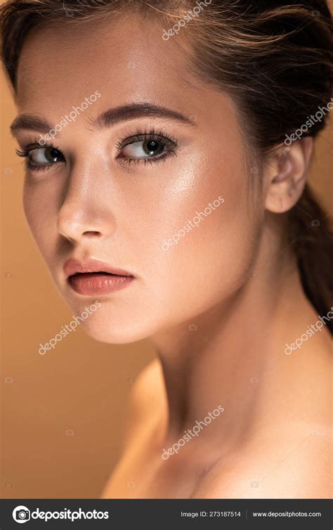 Portrait Young Beautiful Naked Woman Shiny Makeup Isolated Beige Stock