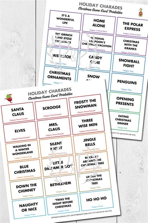 Free Christmas Charades Game Cards Themed Categories