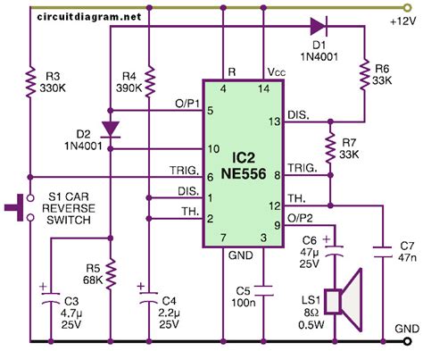 Horn And Lamp Flasher Circuit For Car Reversing Gear Mode Schematic