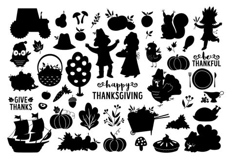 vector thanksgiving silhouettes set autumn black and white collection with cute turkey
